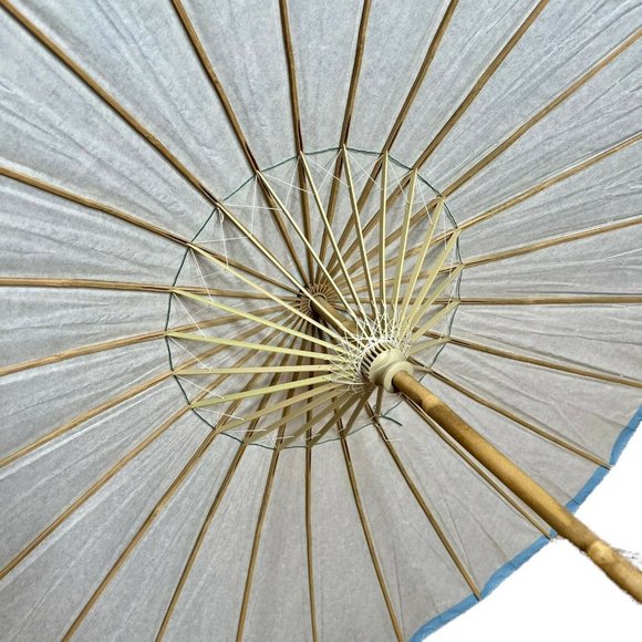 Vintage Large Blue Paper Umbrella Parasol Wedding Photo Shoot Oriental 34" - Picture 7 of 9